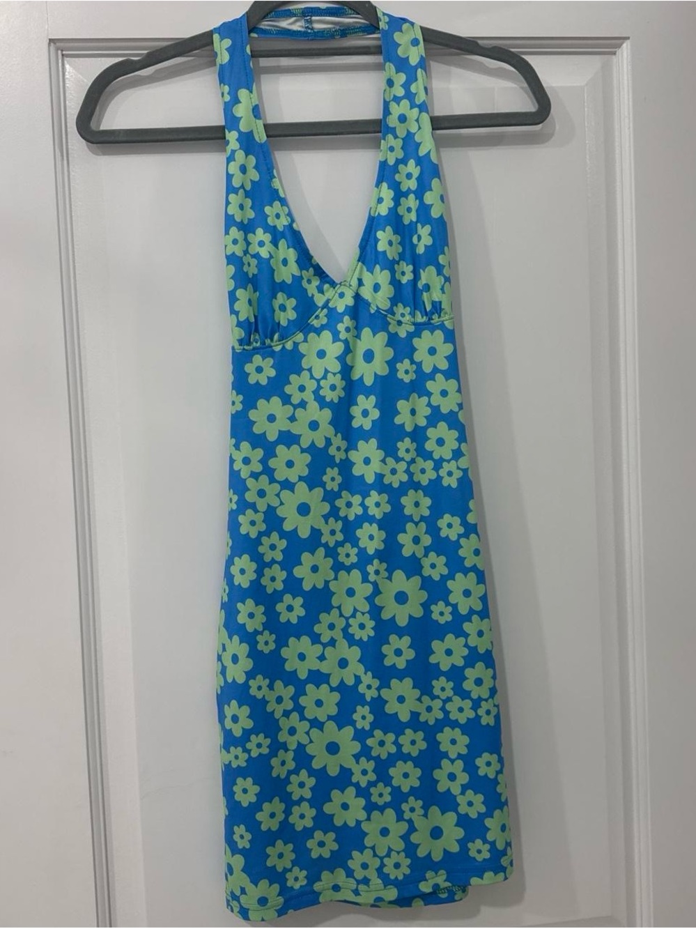 Beginning Boutique Blue & Lime Floral Halter Mini Dress